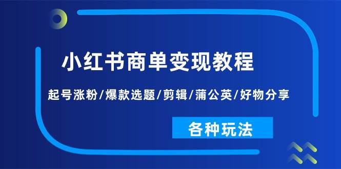 小红书商单变现教程：起号涨粉/爆款选题/剪辑/蒲公英/好物分享/各种玩法-飞鱼网创