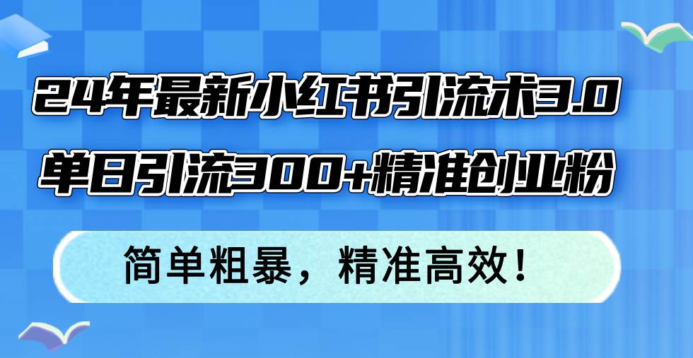 24年最新小红书引流术3.0，单日引流300+精准创业粉，简单粗暴，精准高效！-飞鱼网创