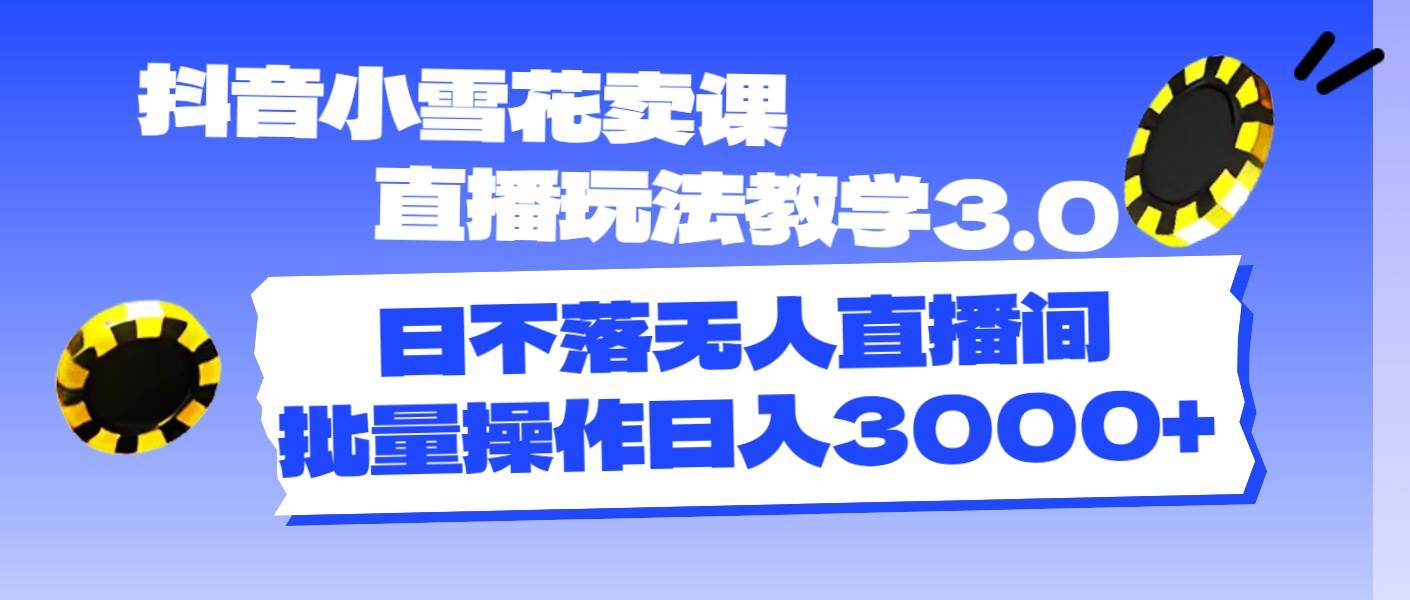 抖音小雪花卖课直播玩法教学3.0，日不落无人直播间，批量操作日入3000+-飞鱼网创