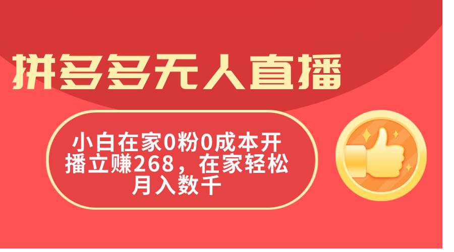 拼多多无人直播，小白在家0粉0成本开播立赚268，在家轻松月入数千-飞鱼网创