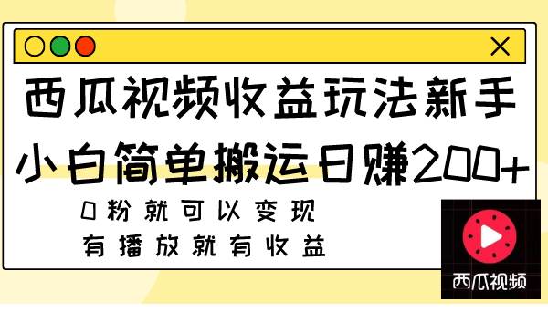 西瓜视频收益玩法，新手小白简单搬运日赚200+0粉就可以变现 有播放就有收益-飞鱼网创