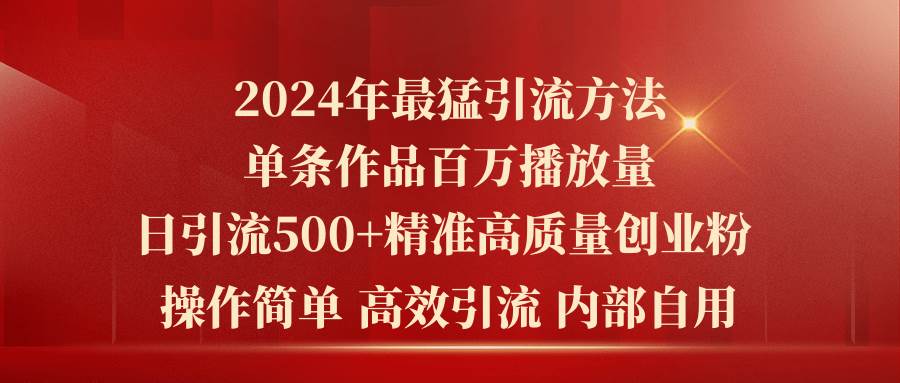 2024年最猛暴力引流方法，单条作品百万播放 单日引流500+高质量精准创业粉-飞鱼网创